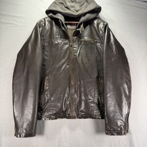 Levis Faux Leather Jacket Mens Large Brown Trucker Hooded Chinstrap Full Zip Y2K